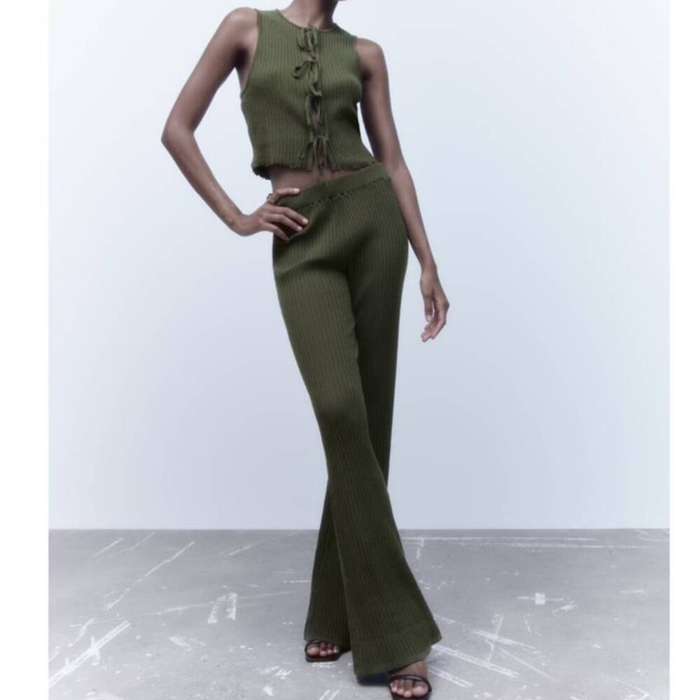 Zara Sleeveless Ribbed Tie Front Top and Pants SET in Green
